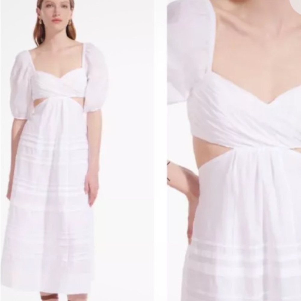 New Staud Carina White Poplin Cutout Puff sleeve Midi Dress Size M - Picture 7 of 9